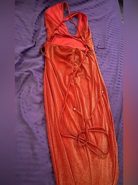 Rust red Shimmer Ruched Dress with Tie Details